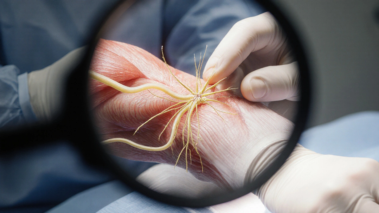 Surgeon performing a nerve transfer procedure using fine sutures to reconnect nerves in the hand.