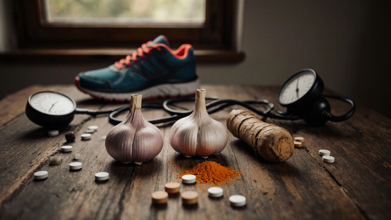 Three herbal roots—garlic, turmeric, ashwagandha—arranged with health symbols on wooden table.
