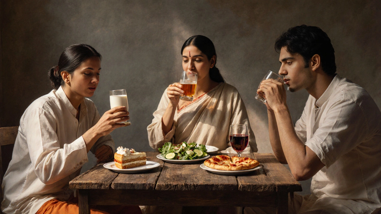 Three people enjoying balanced meals with one indulgence each on a wooden table.