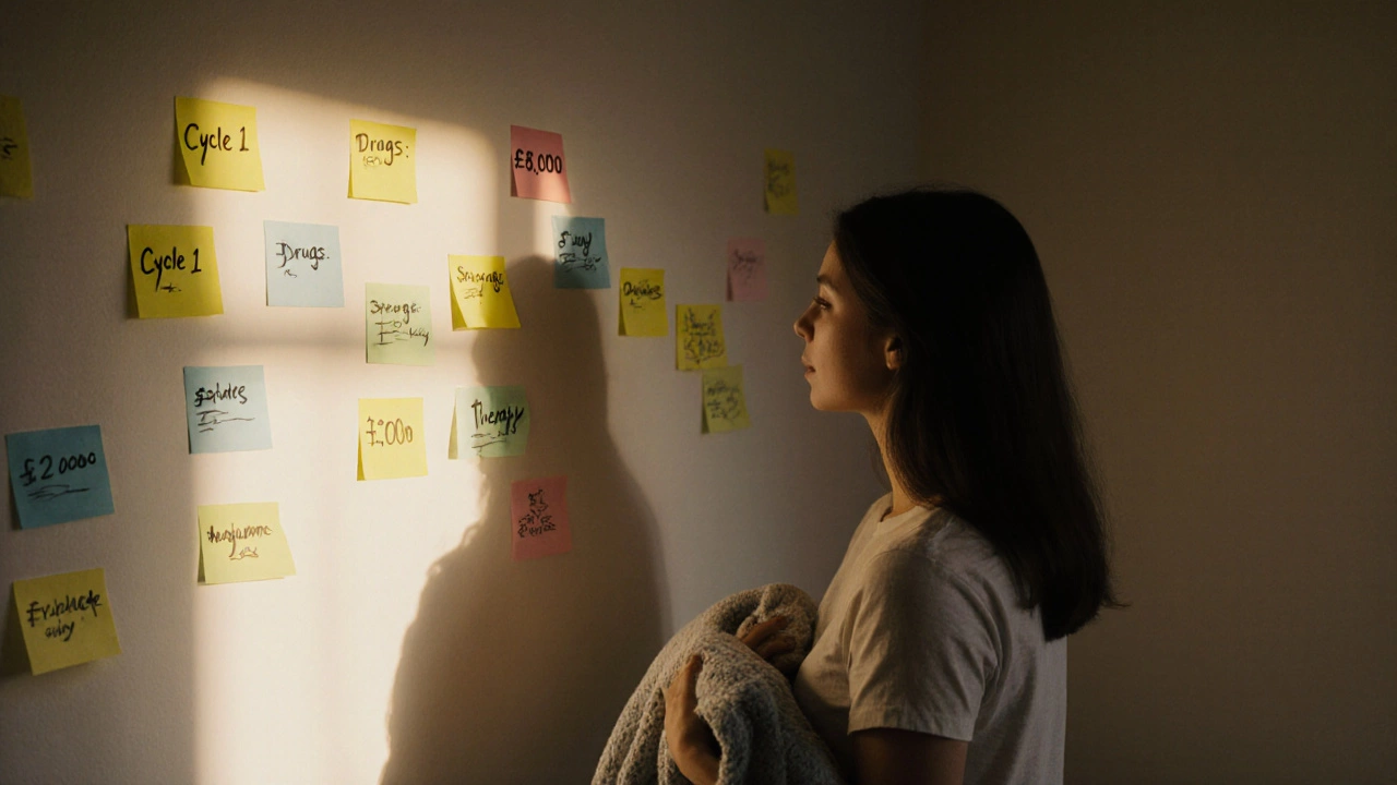 Woman in bedroom surrounded by handwritten IVF expense notes in morning light