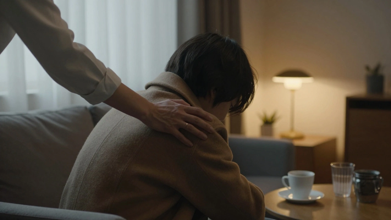 A friend offering a coat to someone sitting alone on a couch in a dim room.