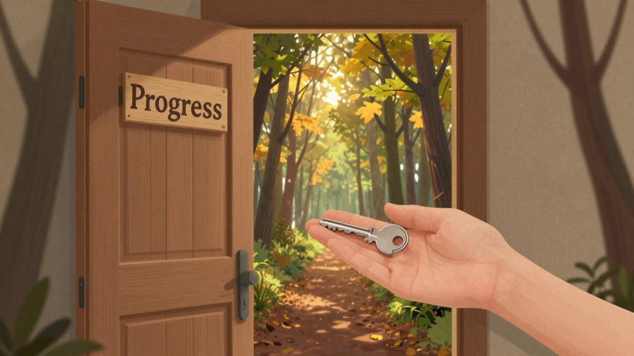 A key resting on a door labeled &#039;Progress,&#039; with a forest path visible through the open doorway.