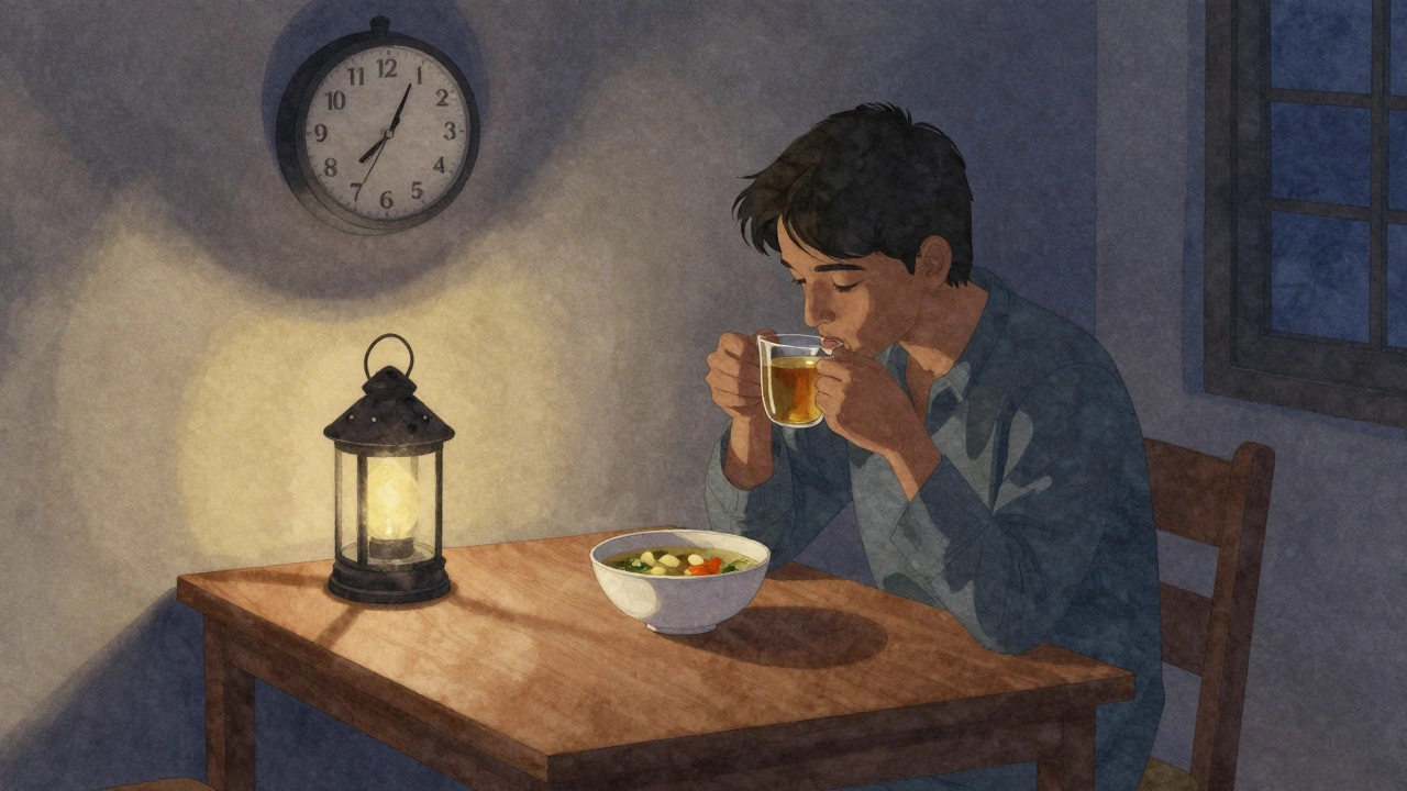A quiet evening with vegetable soup and herbal tea, lantern light glowing, clock showing 7:20 PM, no food left on the table.