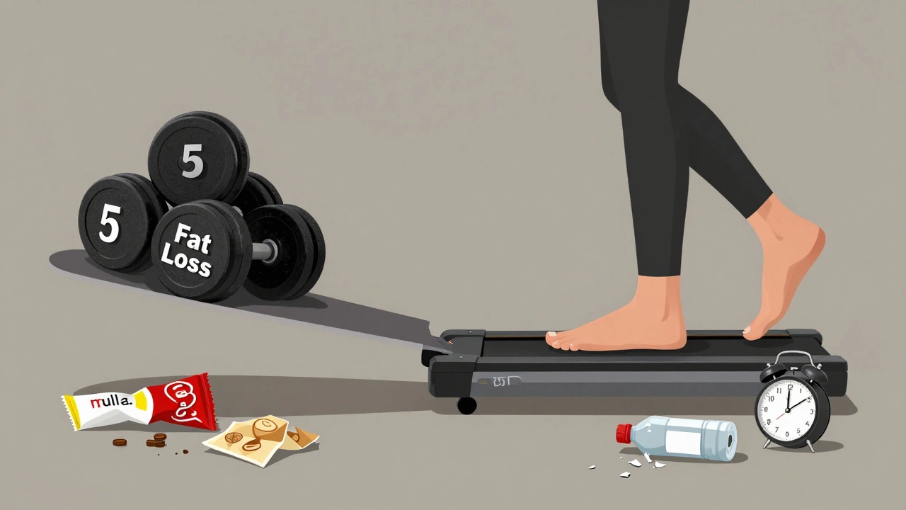 A symbolic scale tipping under 5 pounds of weight versus a foot stepping 25 miles on a treadmill.