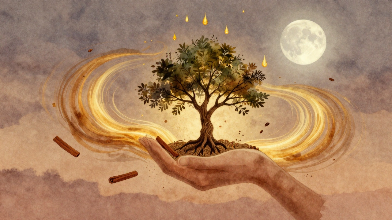Abstract wind of golden light cradling a rooted tree, with floating spices and warm oil droplets.