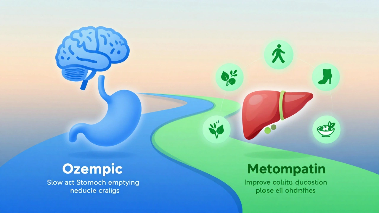 Artistic diagram showing Ozempic and Metformin pathways improving metabolism with glowing icons of brain, stomach, and muscles.