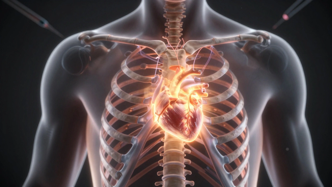 Conceptual image of a chest with sternum opened like a door, ribs untouched, heart glowing inside with golden light.