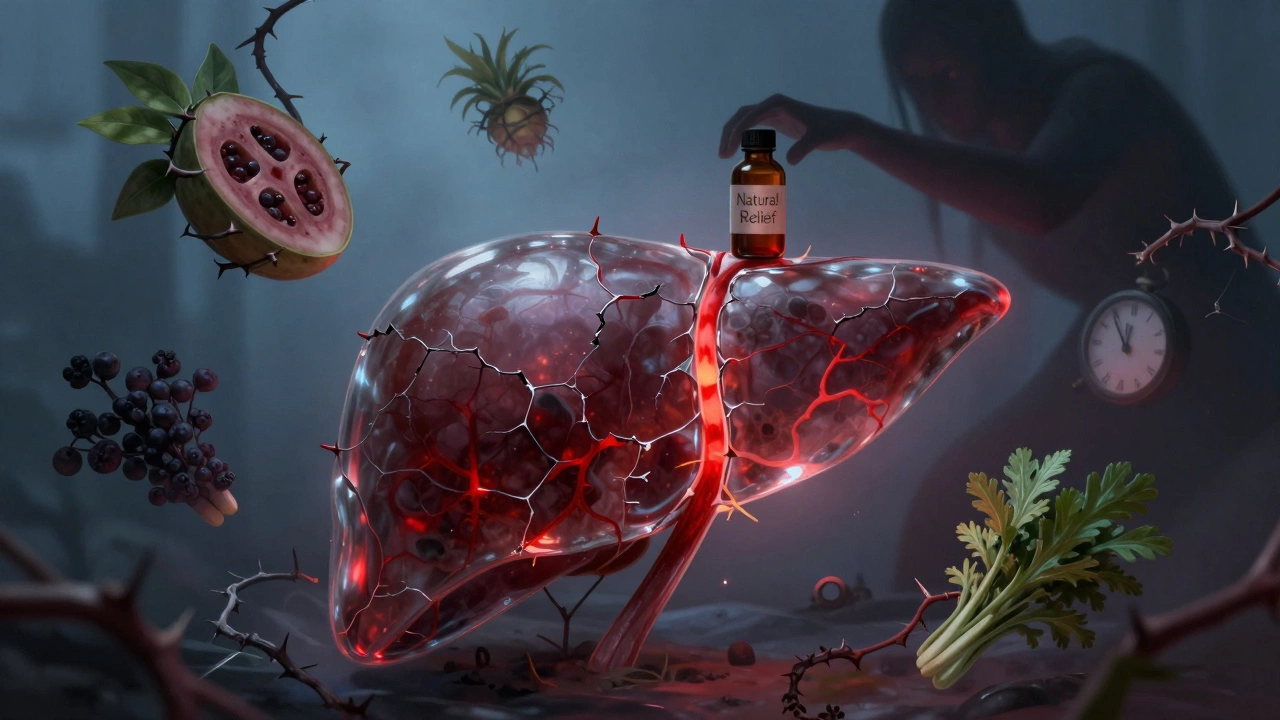 Fragile glass liver cracked with red veins, surrounded by toxic herbs and thorny vines.