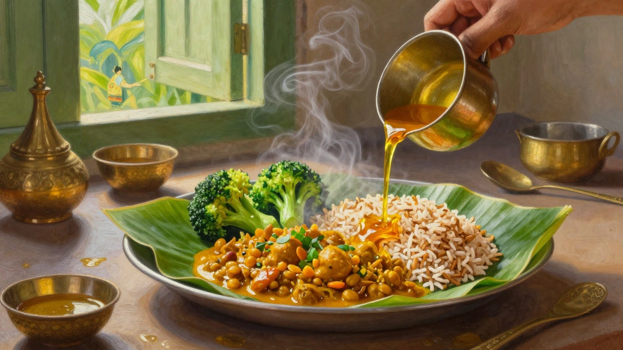 Fresh lentil curry with rice and broccoli served on a banana leaf at midday, ghee being poured, vibrant colors and natural light.