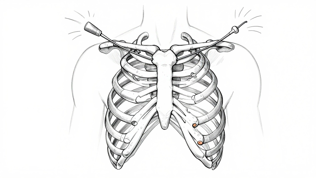 Line drawing of a sternum held together by surgical wires, with breath patterns and spirometer symbolizing recovery.