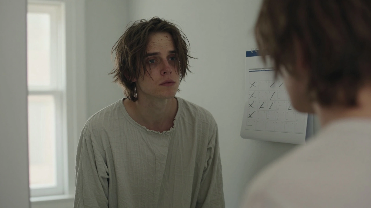 Someone staring into a mirror, wearing the same clothes for days, looking exhausted.