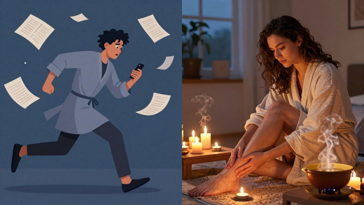 Split image: one side shows stress and chaos, the other shows calm oil massage and warm meals.