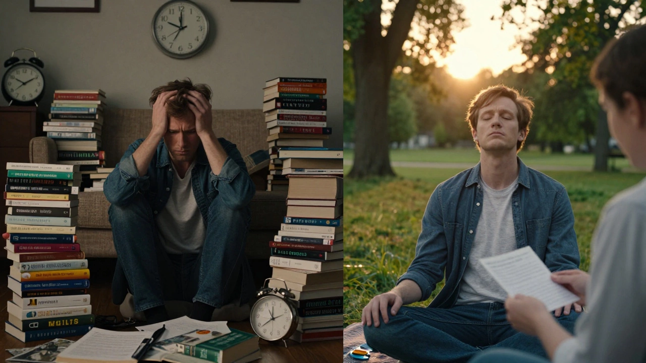 Split image showing someone overwhelmed at home versus calm in nature, practicing breathing.