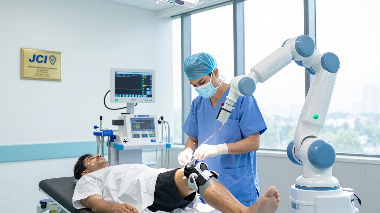 Surgeon performing robotic knee surgery in a JCI-accredited Indian hospital
