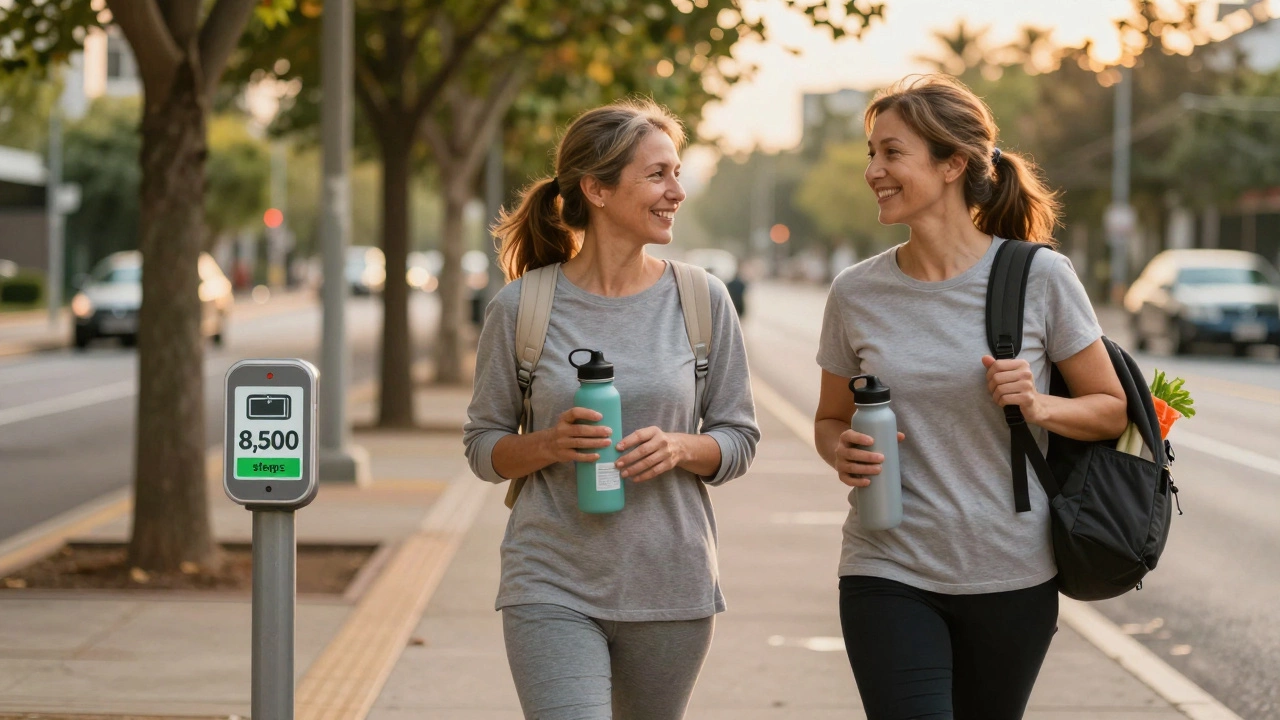 Two people walking together on a tree-lined path at sunset, carrying water bottles and groceries.