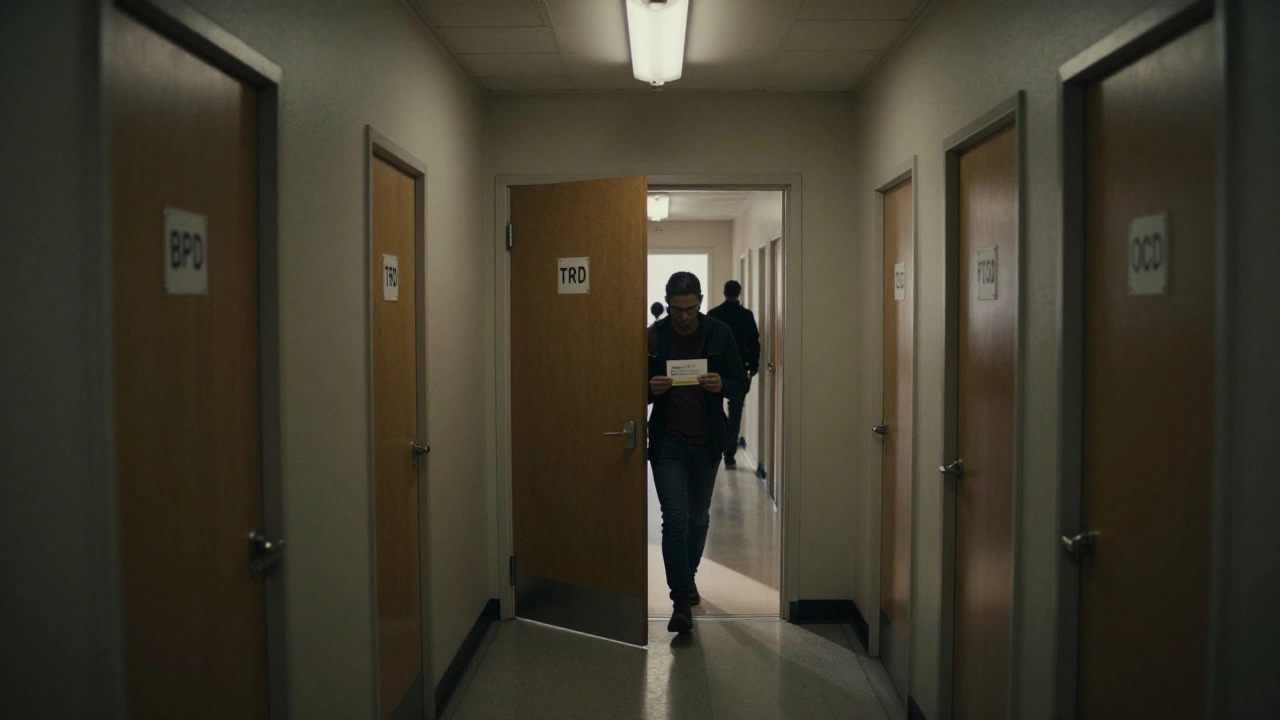 A hallway with doors labeled mental illnesses, one slightly open leading to light.