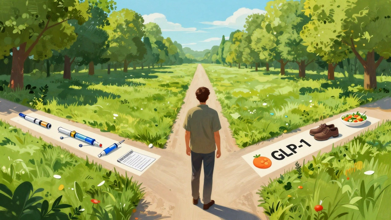 A person choosing between diabetes treatment paths: insulin, GLP-1 drugs, or lifestyle.