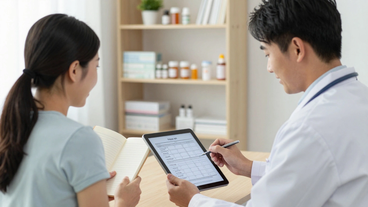 Clinic consultation with doctor reviewing health data, patient holding wellness journal under natural light.