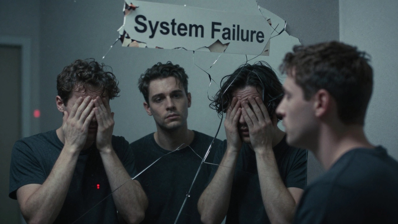 Four fragmented faces representing different mental illnesses merging into one distorted figure.