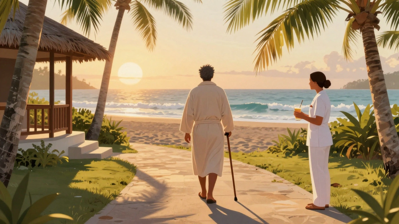 Patient walking peacefully along a beachside recovery villa at sunset