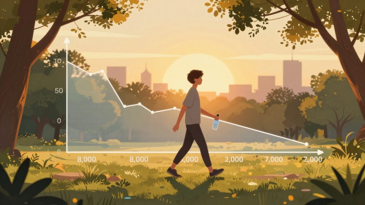 Person walking in park at sunset with water bottle, symbolizing steady progress through daily movement.