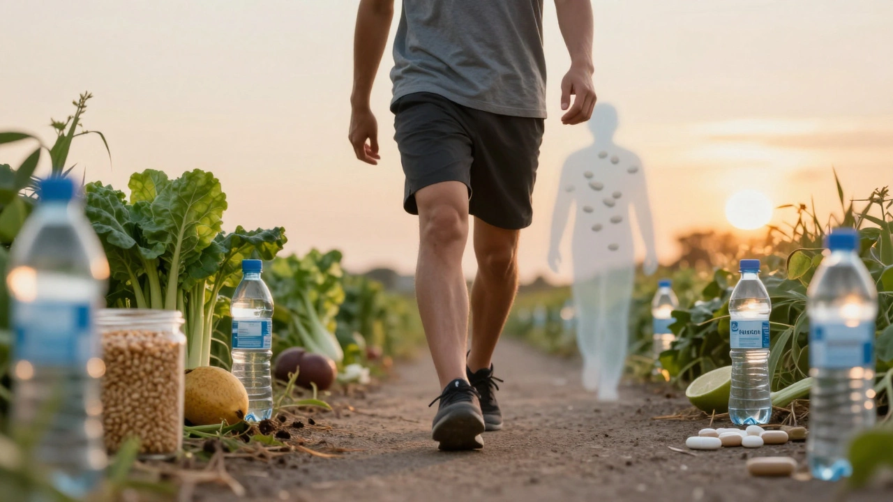 Person walking on healthy lifestyle path as metformin pills fade like training wheels.