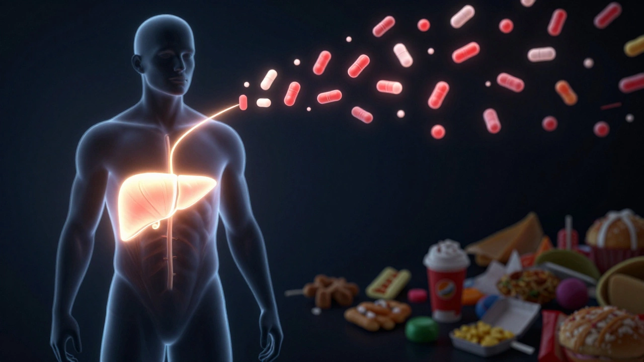 Silhouette with glowing metabolic pathways as unhealthy foods fade in background.