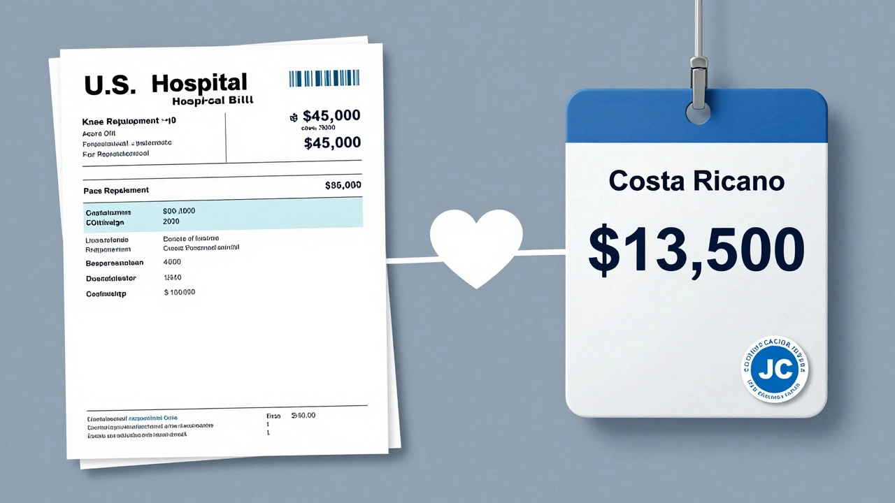Split image comparing U.S. and Costa Rican surgery costs with JCI accreditation