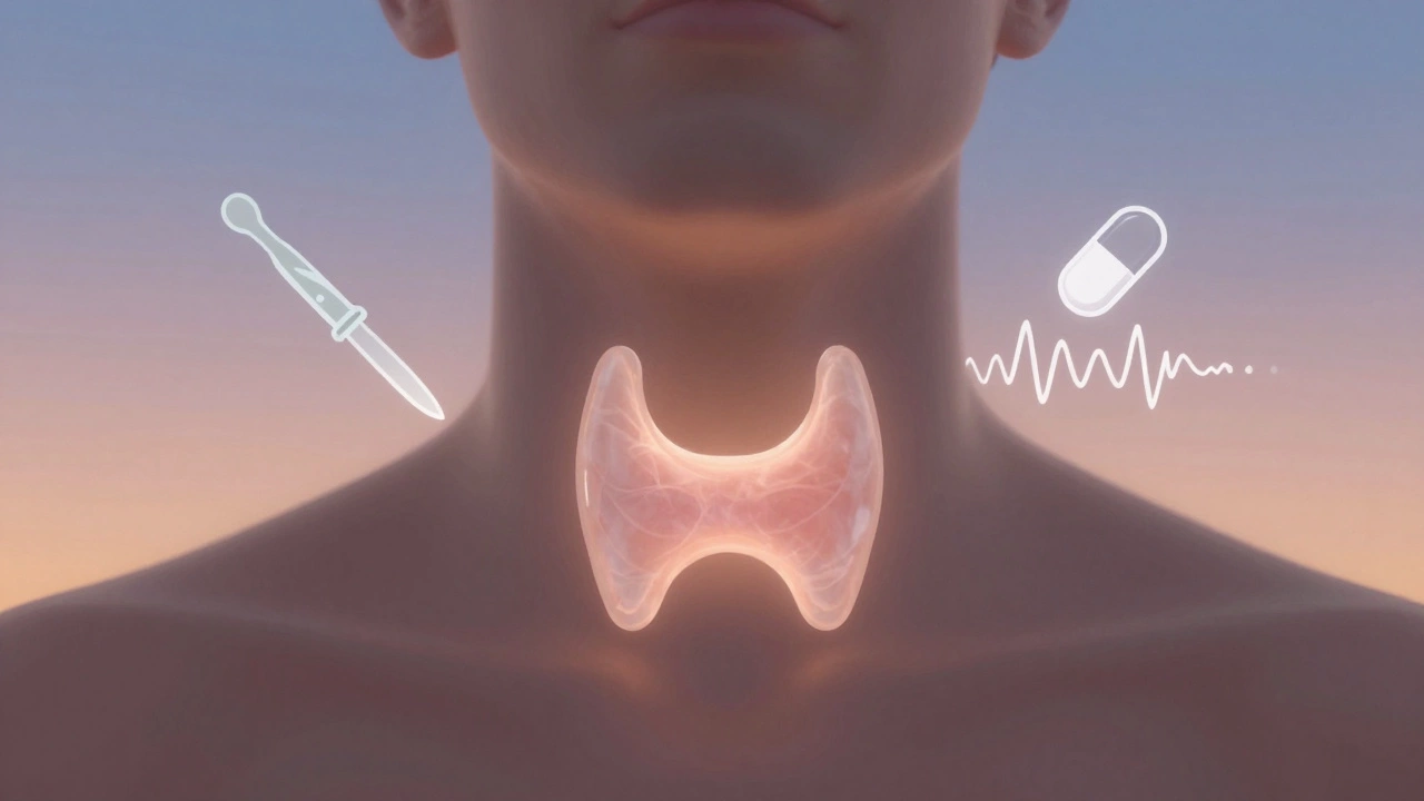 Translucent thyroid gland glowing with symbols of treatment against a dawn sky