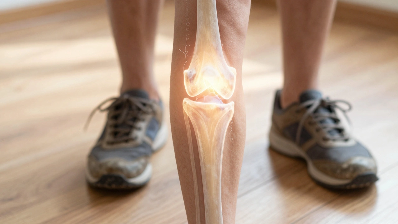 A healing knee joint glowing softly as it transforms into everyday walking shoes, representing full recovery after one year.