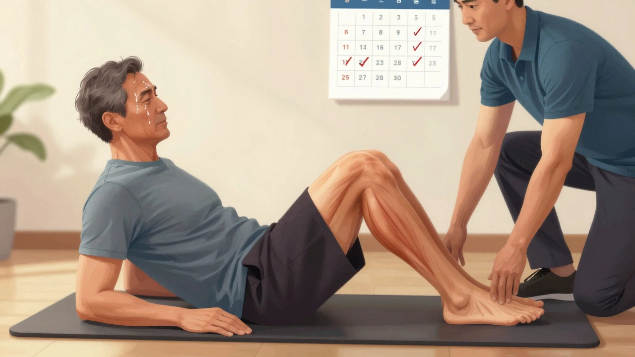 A man performing physical therapy exercises at home, with a therapist watching, during the critical 8–12 week recovery phase.