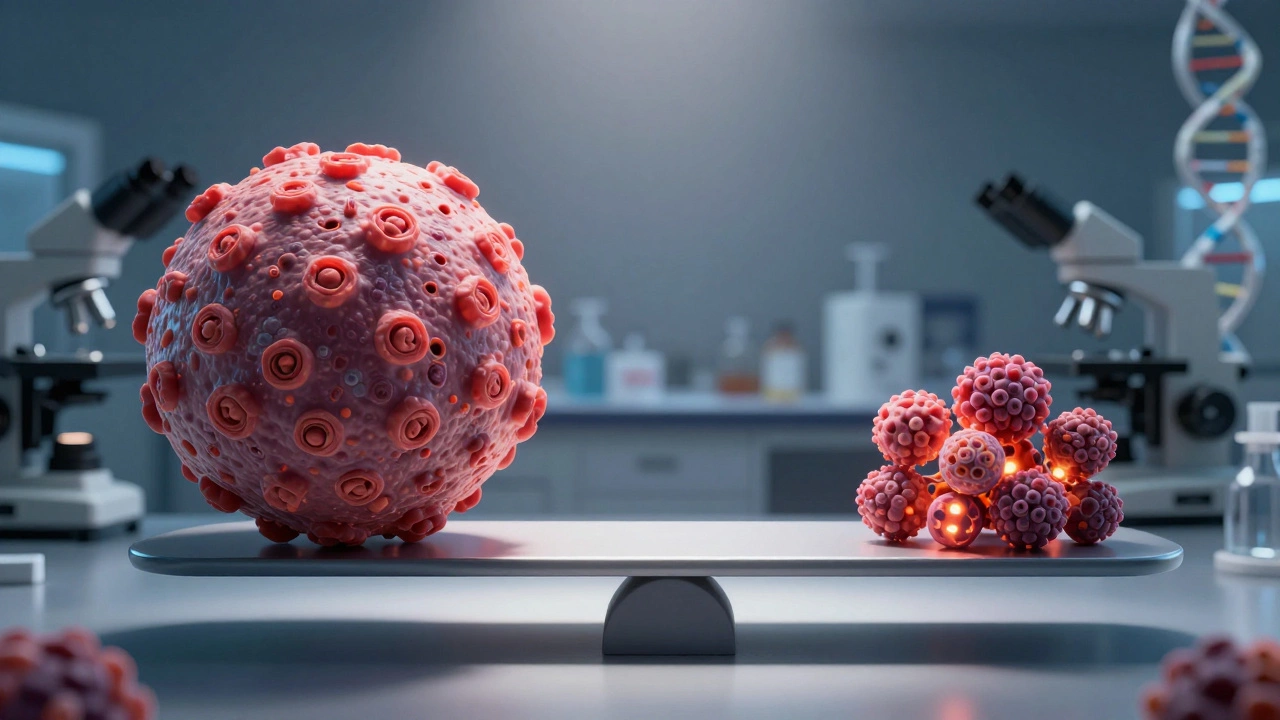 A scale balancing a large carcinoma tumor against smaller, dimmer cancer types, symbolizing their relative prevalence.