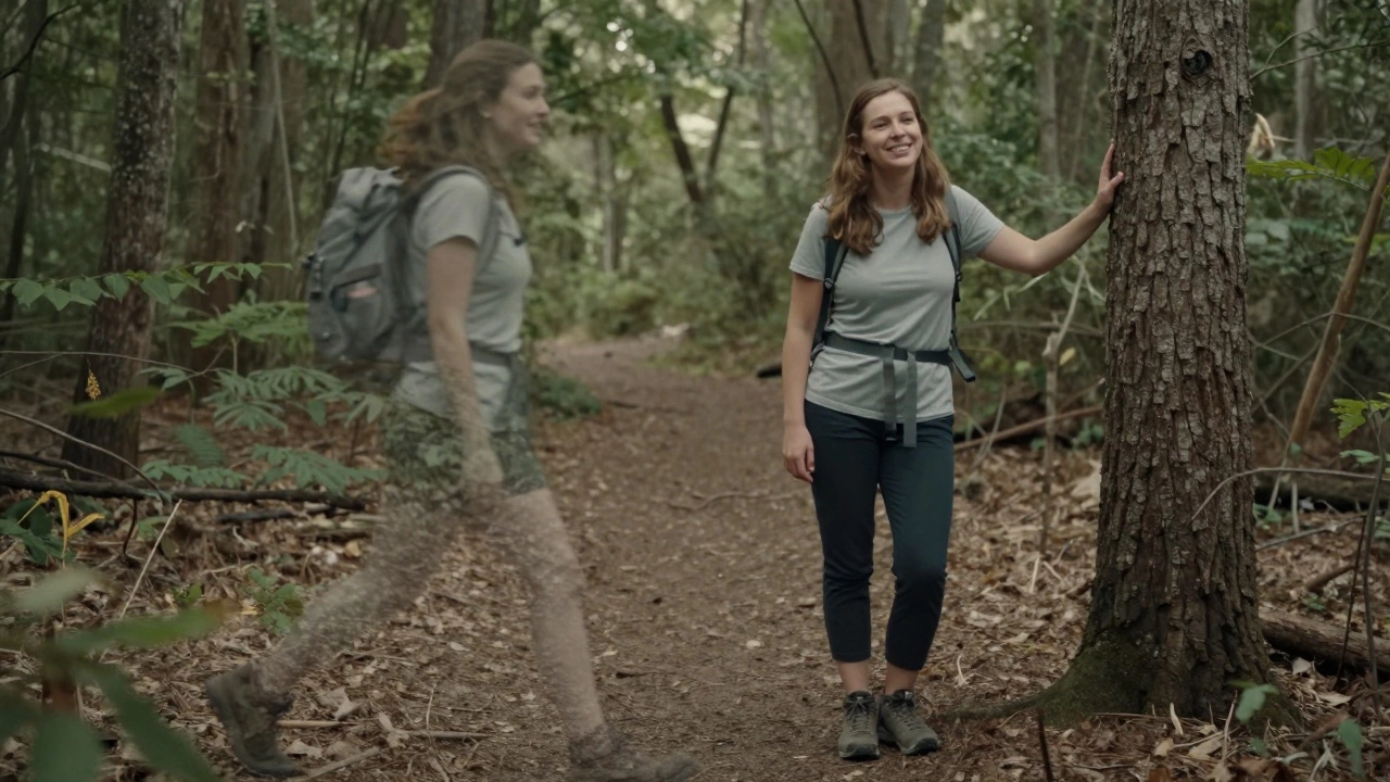 A woman hiking and resting on a forest trail, with a translucent image of her younger self fading beside her, representing adaptation after chemo.