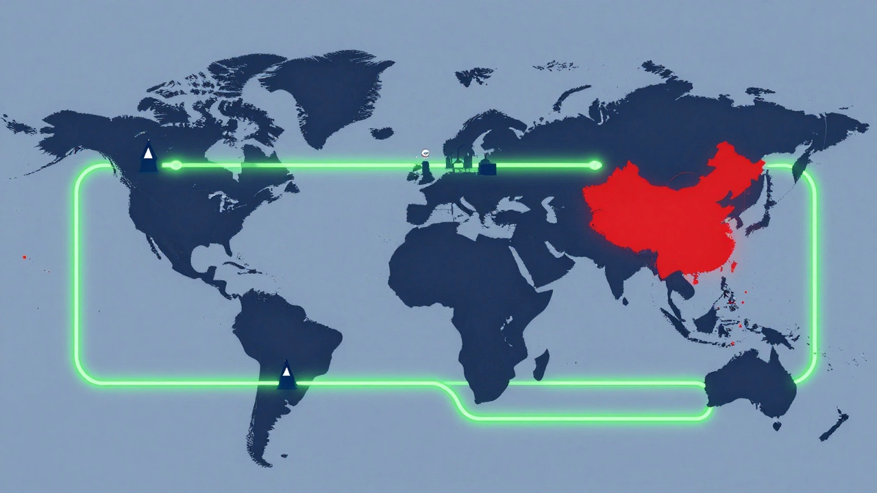 Abstract map of global metformin production with clean and contaminated manufacturing sites.