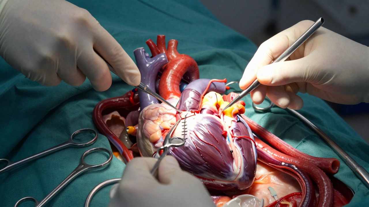 Close-up of a surgeon performing multi-vessel bypass grafting on a human heart.
