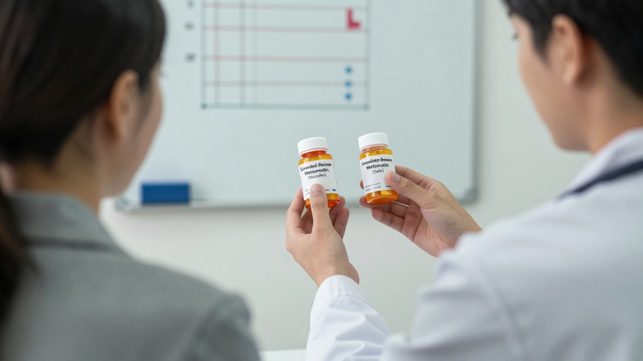 Doctor showing patient two different metformin pill bottles—one recalled, one safe.