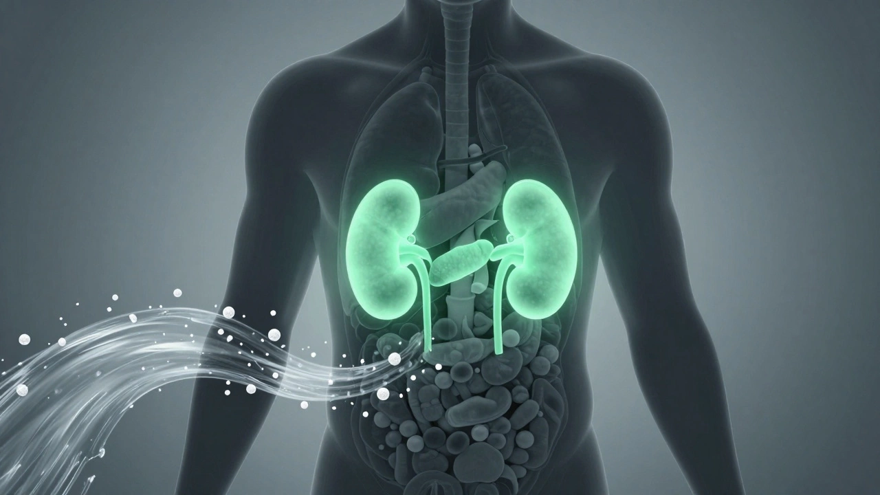 Human silhouette with glowing organs as sugar molecules are flushed away by water.