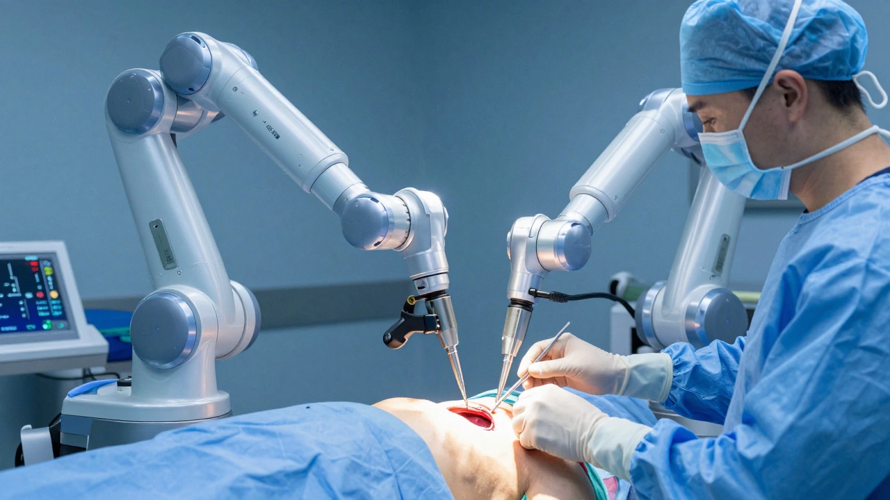 Robotic-assisted cardiac surgery with small incision and robotic arms in action.