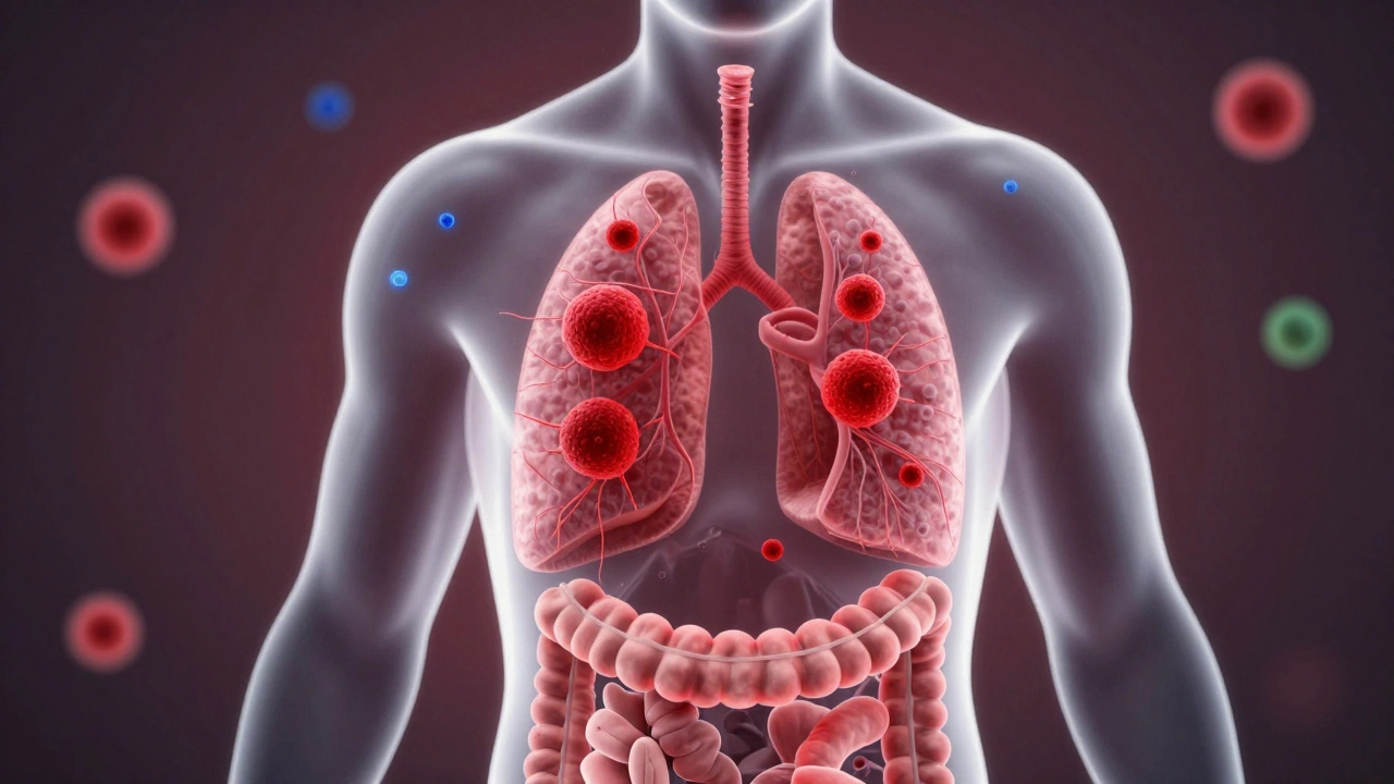 Translucent human body with red tumors on epithelial surfaces and fainter cancer types elsewhere, showing carcinoma dominance.