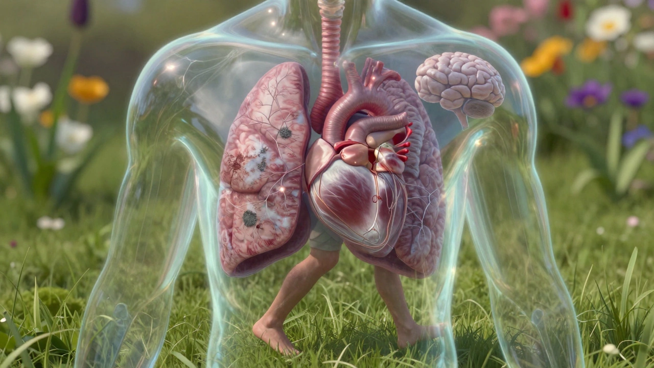 Translucent human torso showing internal damage from chemo — scarred lung, weakened heart, faded brain connections — while walking among flowers.