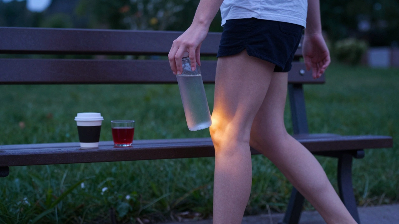 A person walking in a garden, holding water, symbolizing improved joint mobility.