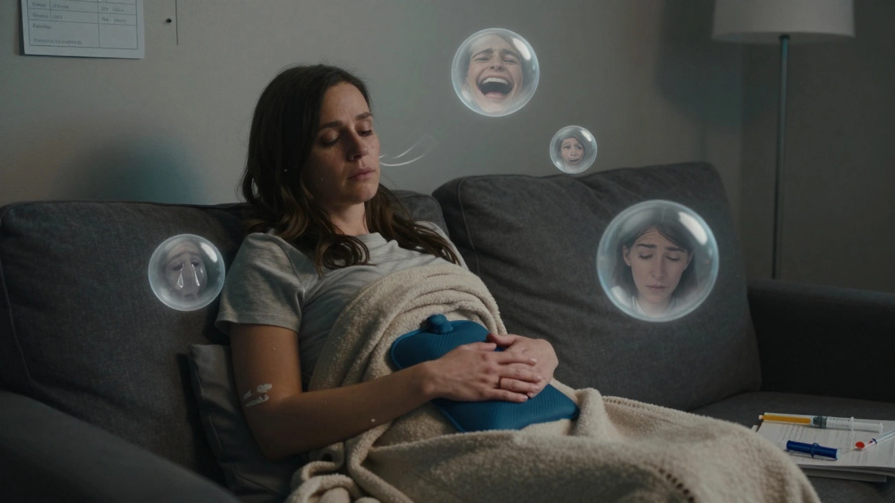 A woman resting on a couch, surrounded by floating emotional symbols representing IVF side effects.