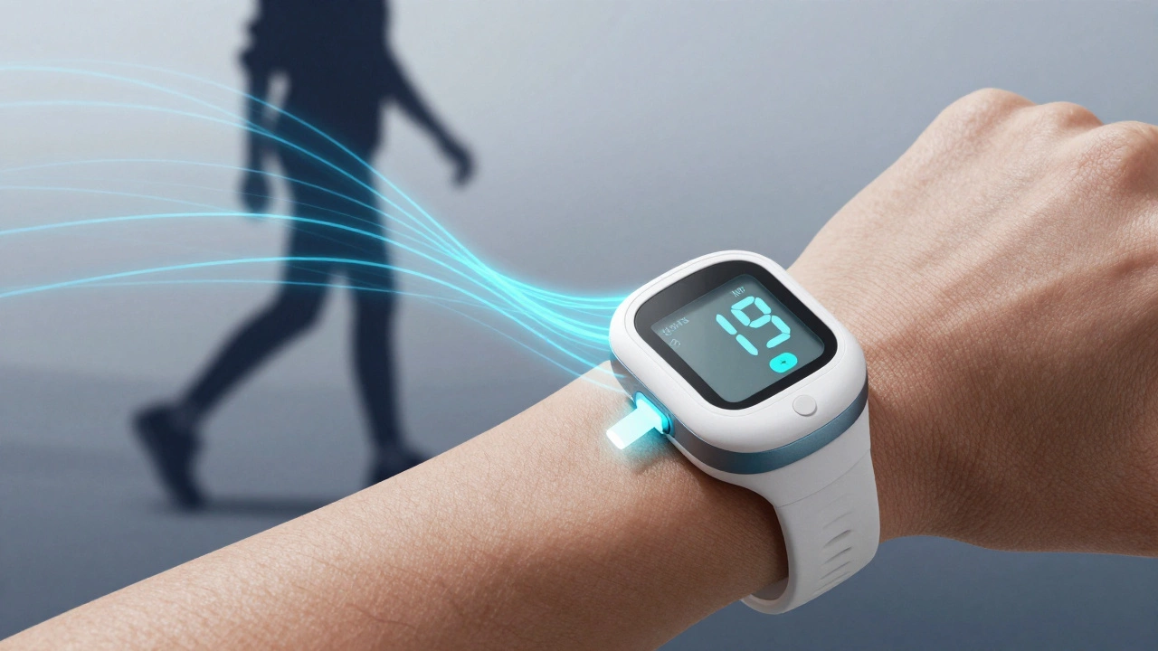 Close-up of a wearable glucose monitor device on a wrist.