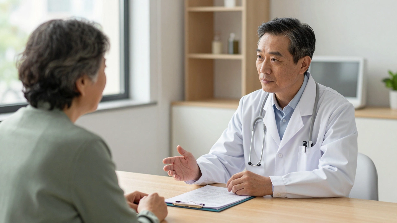 Doctor consulting elderly patient about medication safety measures.