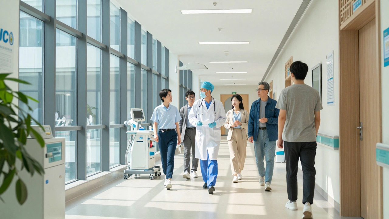 Doctor guiding patients in modern international hospital corridor.