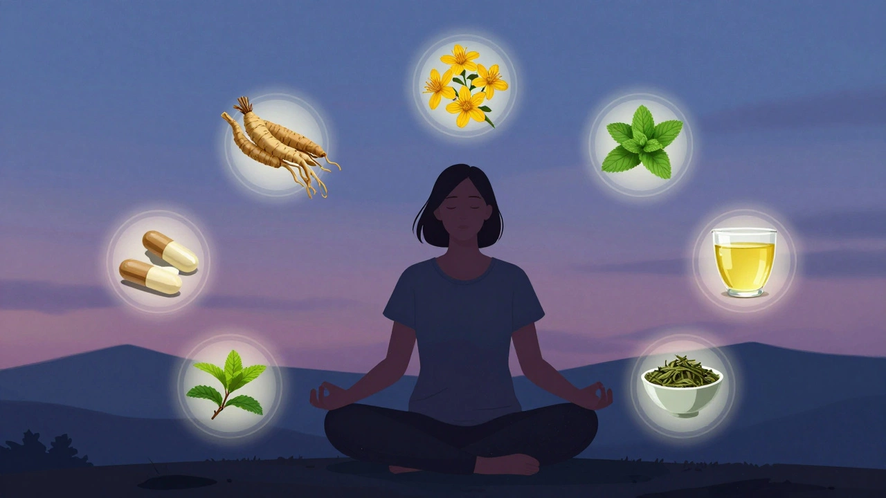 Person meditating at dusk with glowing icons of valerian, peppermint, St. John’s Wort, and green tea extract floating around them.