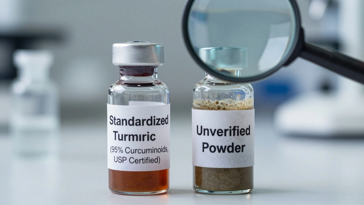 Side-by-side vials comparing standardized, certified turmeric supplement versus unverified powder under clinical lighting.