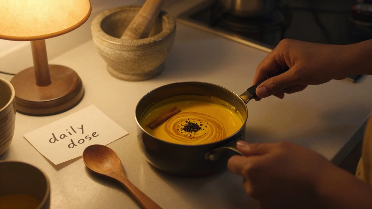 Someone preparing golden milk with turmeric and black pepper in a warm kitchen.