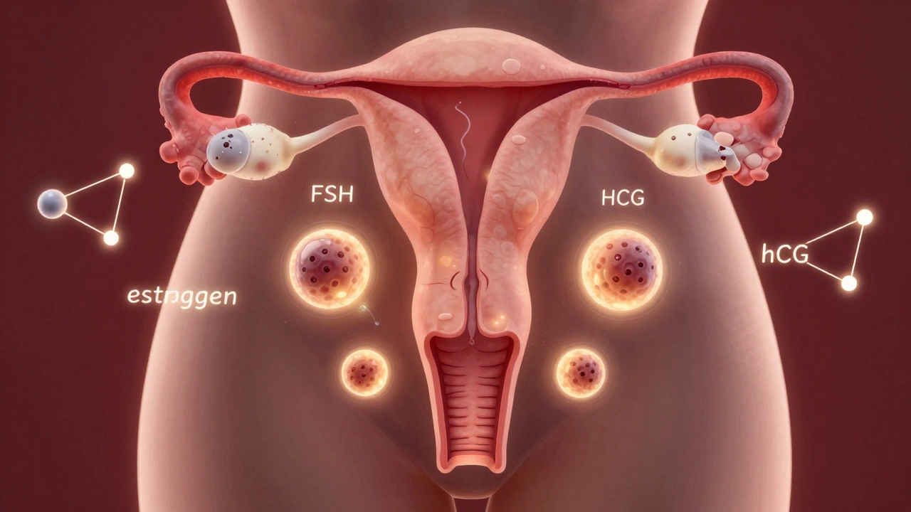 Translucent view of a woman’s ovaries with glowing follicles and hormone molecules surrounding them.