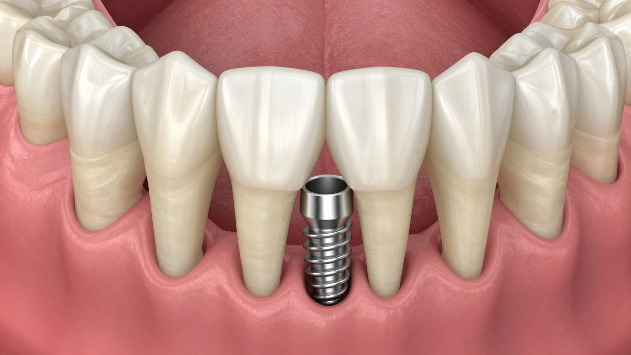 3D medical illustration of a dental implant successfully fused with the jawbone.